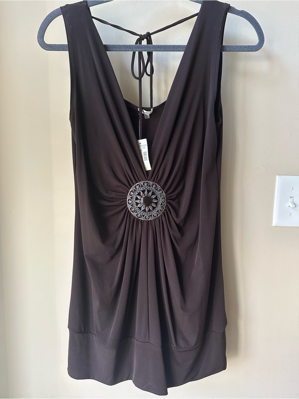 Maurices Dark Brown Sleeveless V-Neck Top with Decorative Medallion